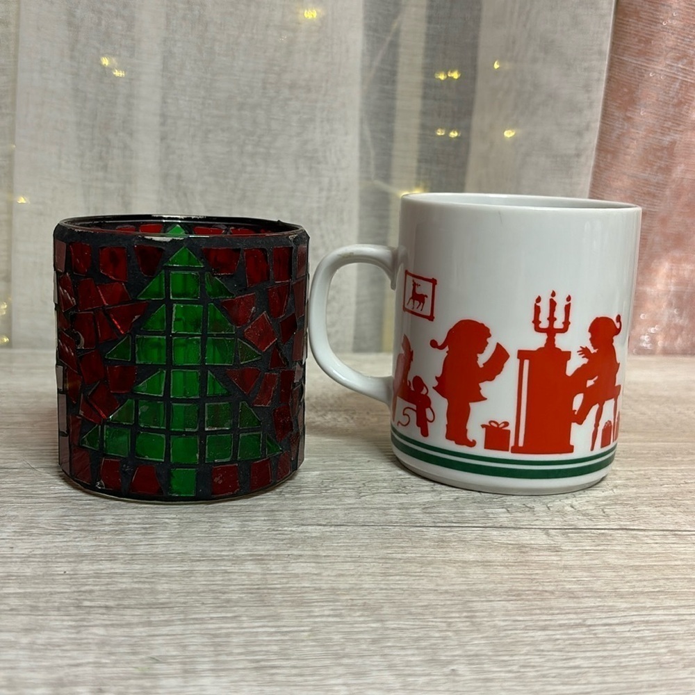 Vintage 1984 Avon Christmas Silhouette Mug & Stain Glass Candle Holder